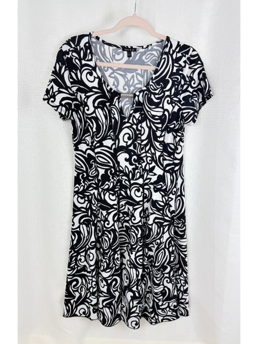 Sami & Jo Womens Dress Large Black White Paisley Keyhole Short Sleeve Jersey
